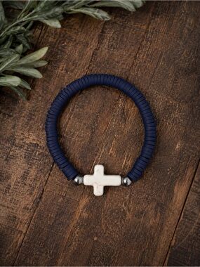 Navy Beaded Bracelet with White Cross